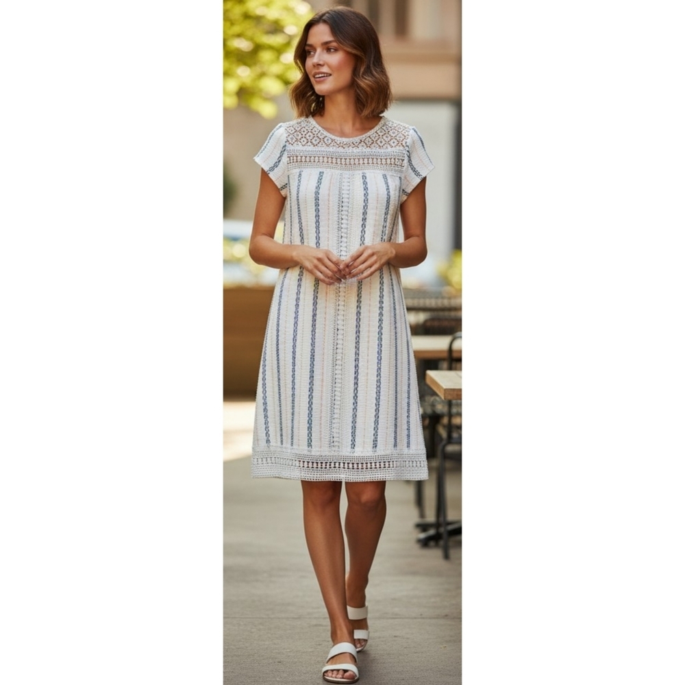 Xhilaration White Striped Crochet Yoke Shift dress Size S